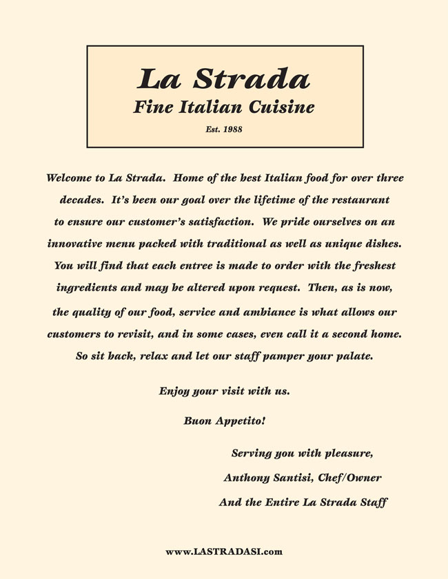 Menus La Strada Fine Italian Dining