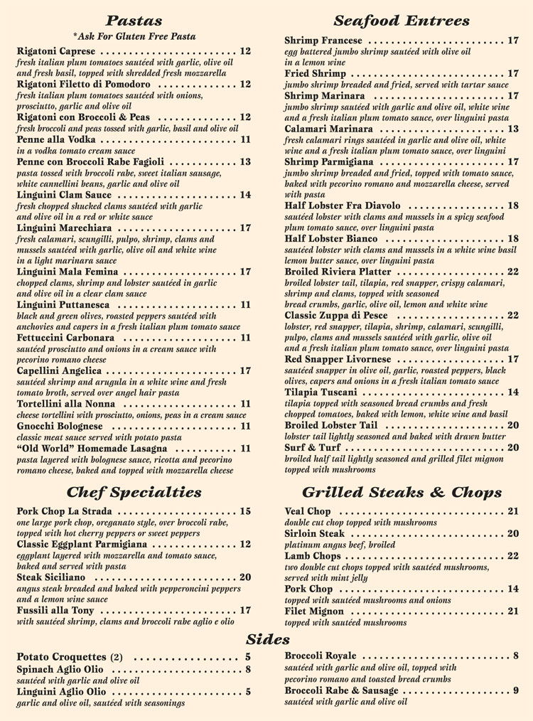 Menus La Strada Fine Italian Dining